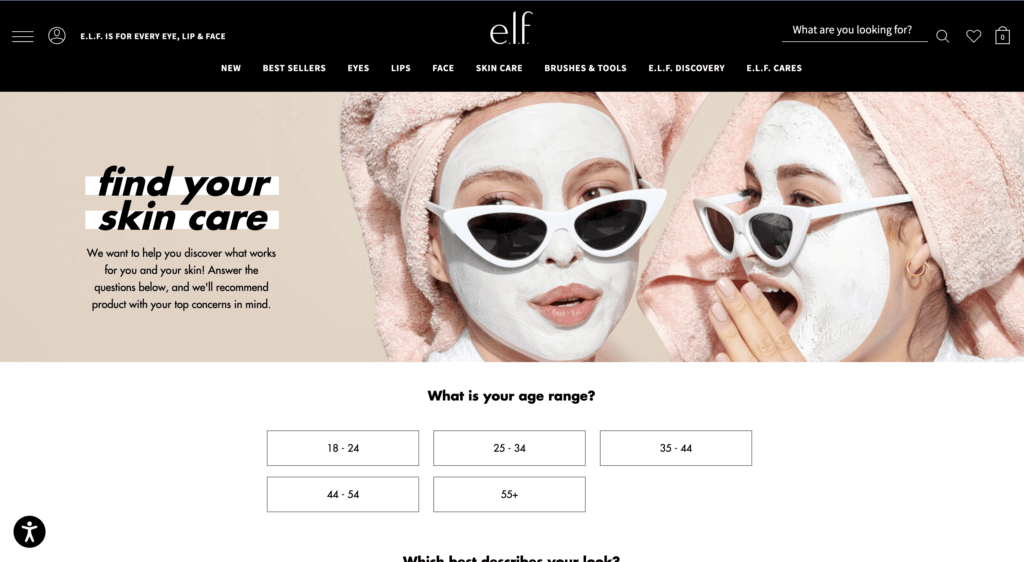 Elf Cosmetics skincare finder, an example of conversion funnel optimization at the awareness phase