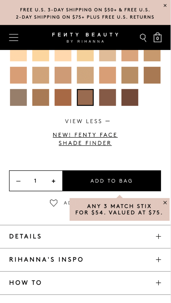 Fenty Beauty uses non-obtrusive PDP popups to alert users about product-specific discounts.