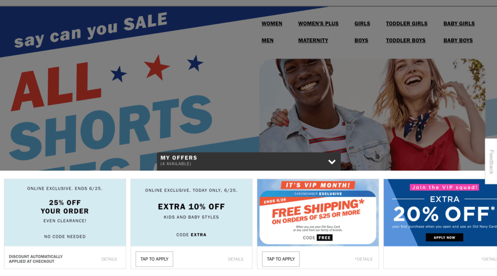 Old Navy's promo code UX lets users view deals from any website page so they can easily understand how to qualify for a promotion