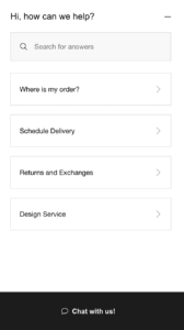 Crate & Barrel's suggested topics and search in the mobile chat dialog