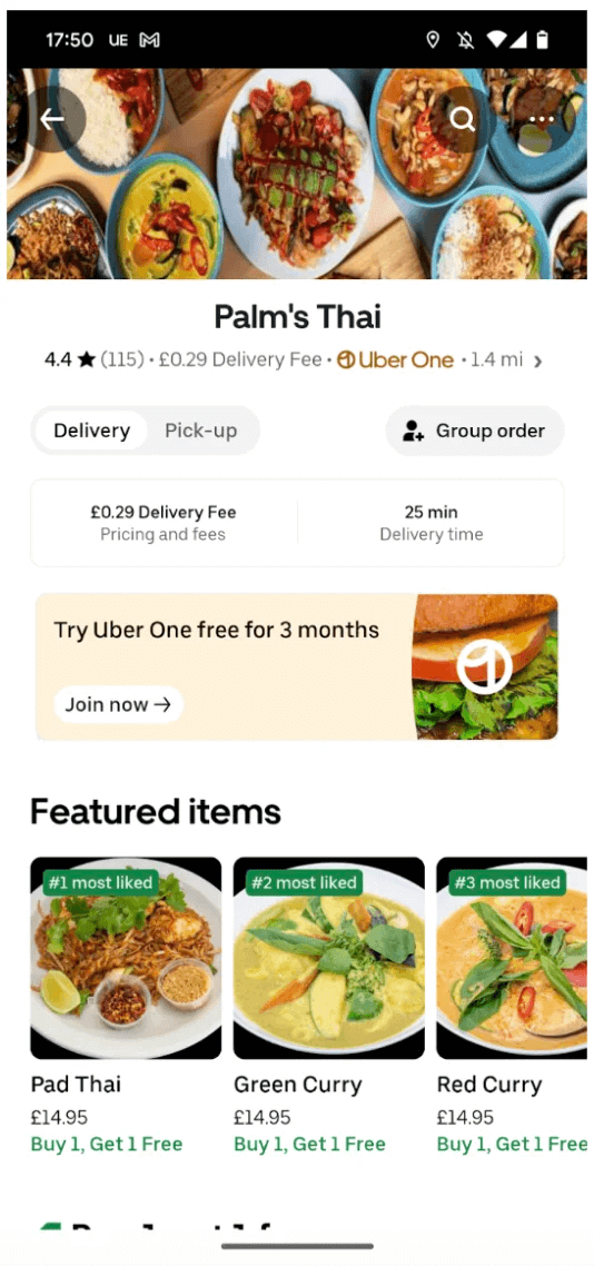 Screenshot of Uber Eat app showing how the app's menu bar disappears when users reach a specific restaurant screen