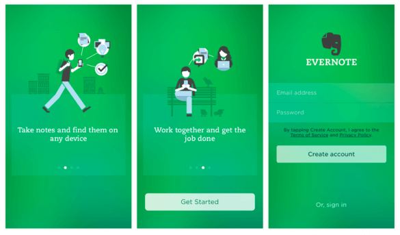 écrans d’onboarding sur l’application evernote