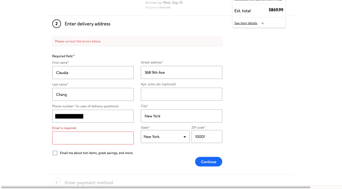 Page de paiement Walmart