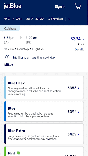 Screenshot mobile JetBlue