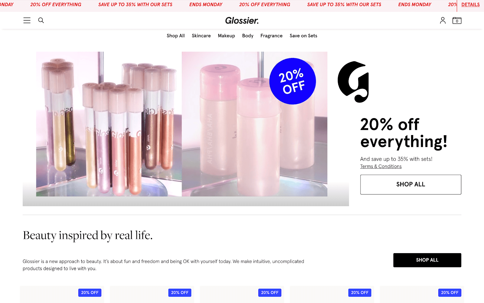 Holiday UX tips with Glossier's sticky promotion banner and product discount tags
