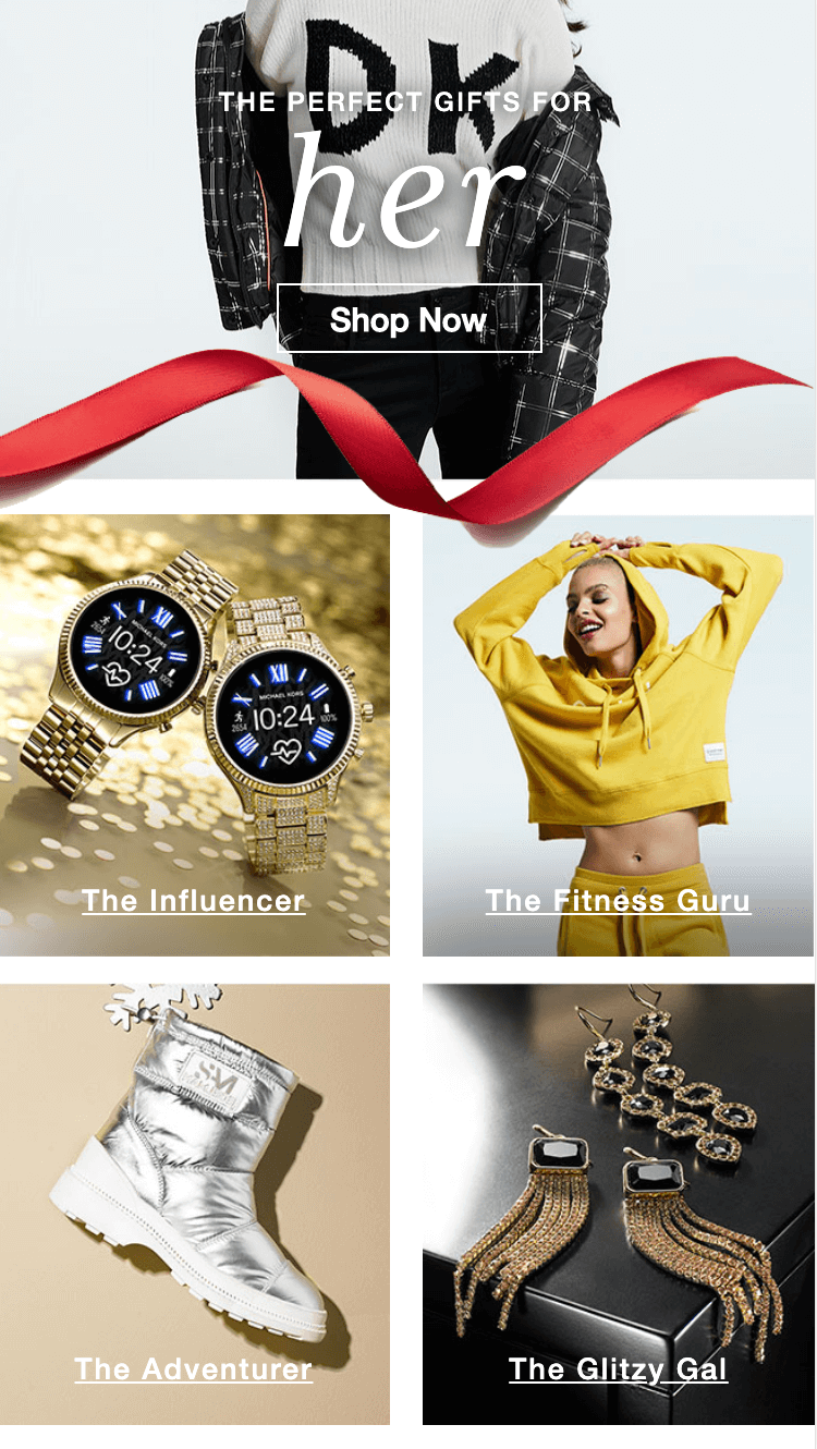 Holiday gift guide UX tips: a female clothing brand offers highly-specific gift guide landing pages to appeal to specific buyers