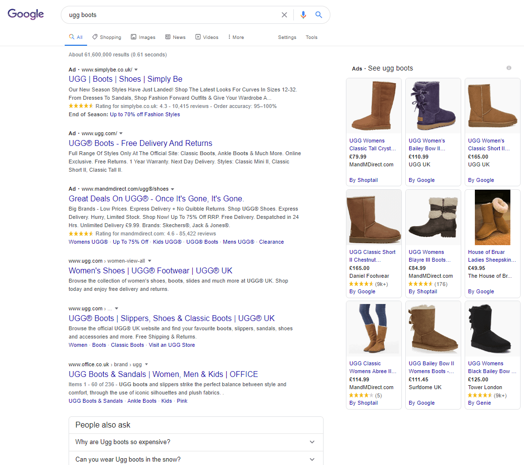 A google search for Ugg Boots 