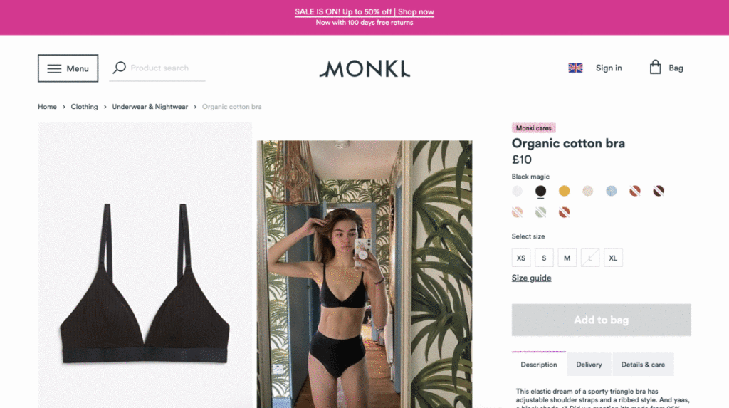 Monkl uses user generated content as their featured product image