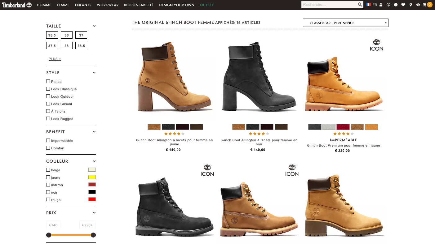 page catégorie timberland