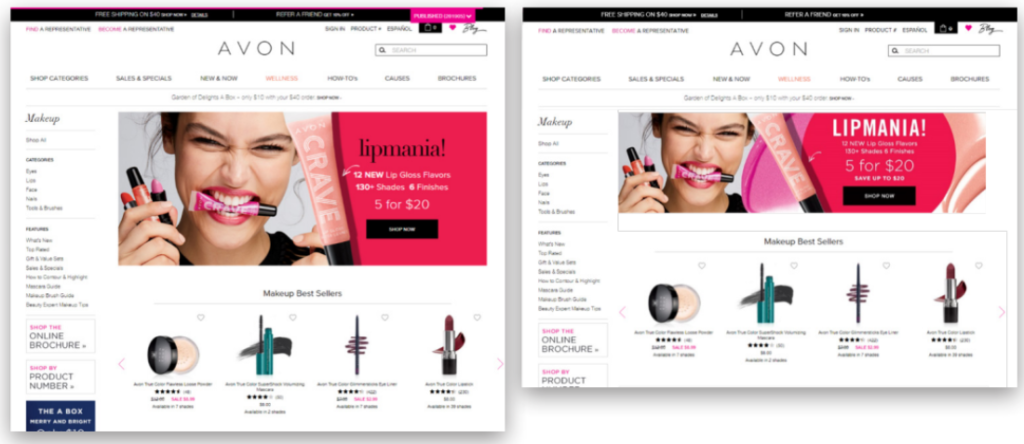 Before and after images of the Avon website 