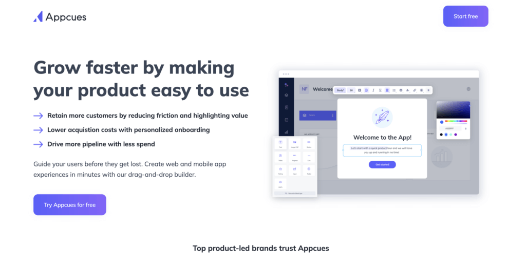 Appcues simple landing page for their free trail 