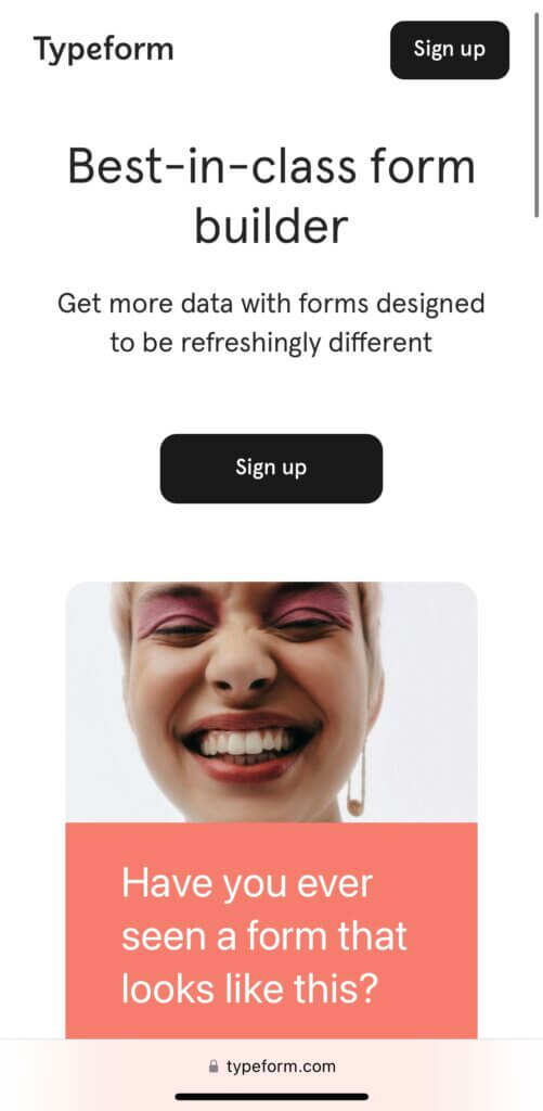 Typeform's mobile landing page view 