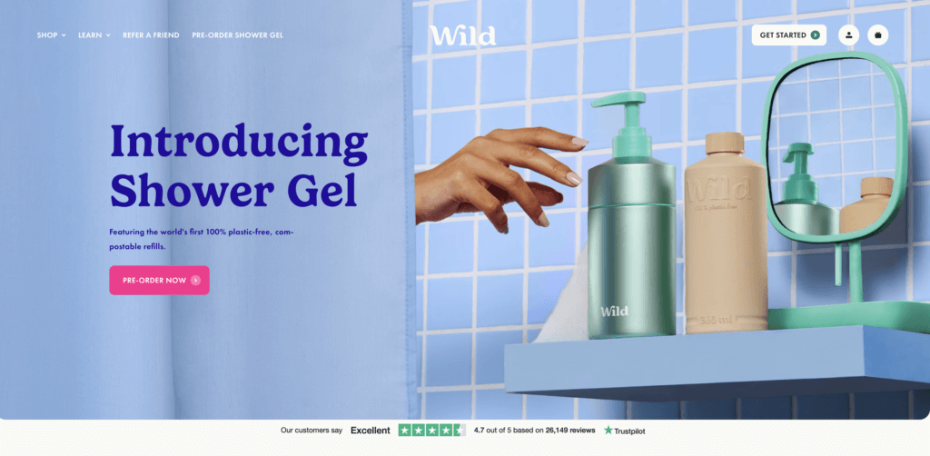 Wild's landing page for their new sustainable shower gel