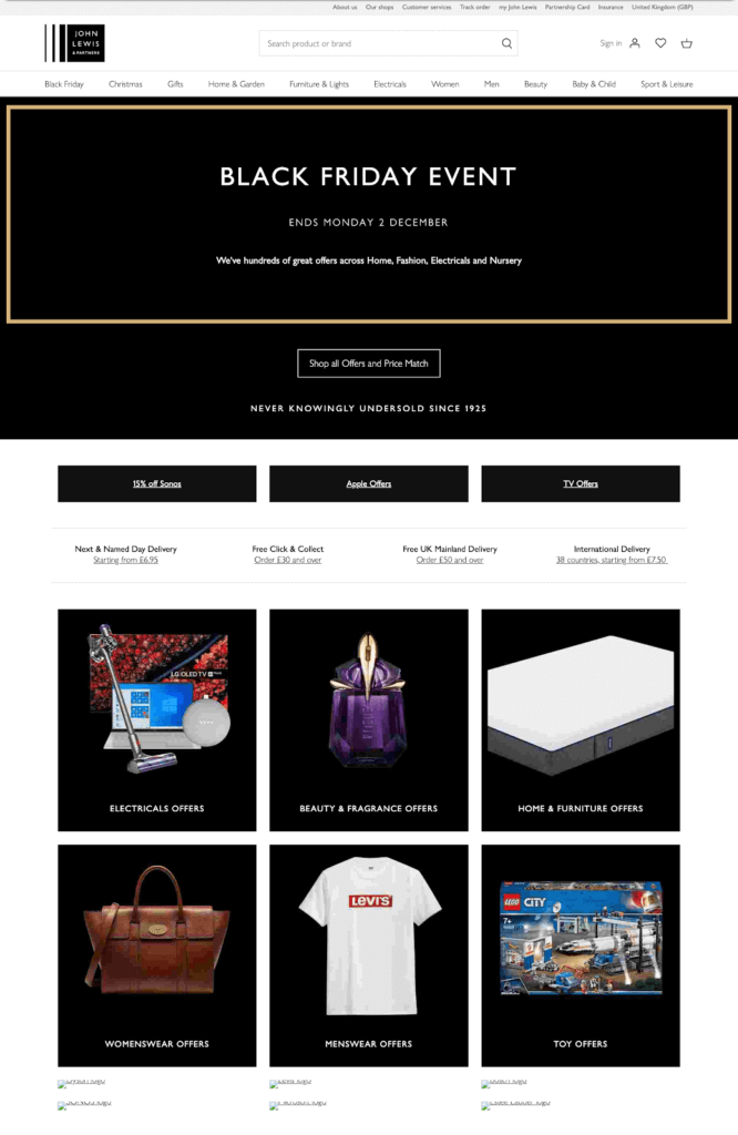 Holiday UX tips: John Lewis' simple black and white 2019 Black Friday homepage 