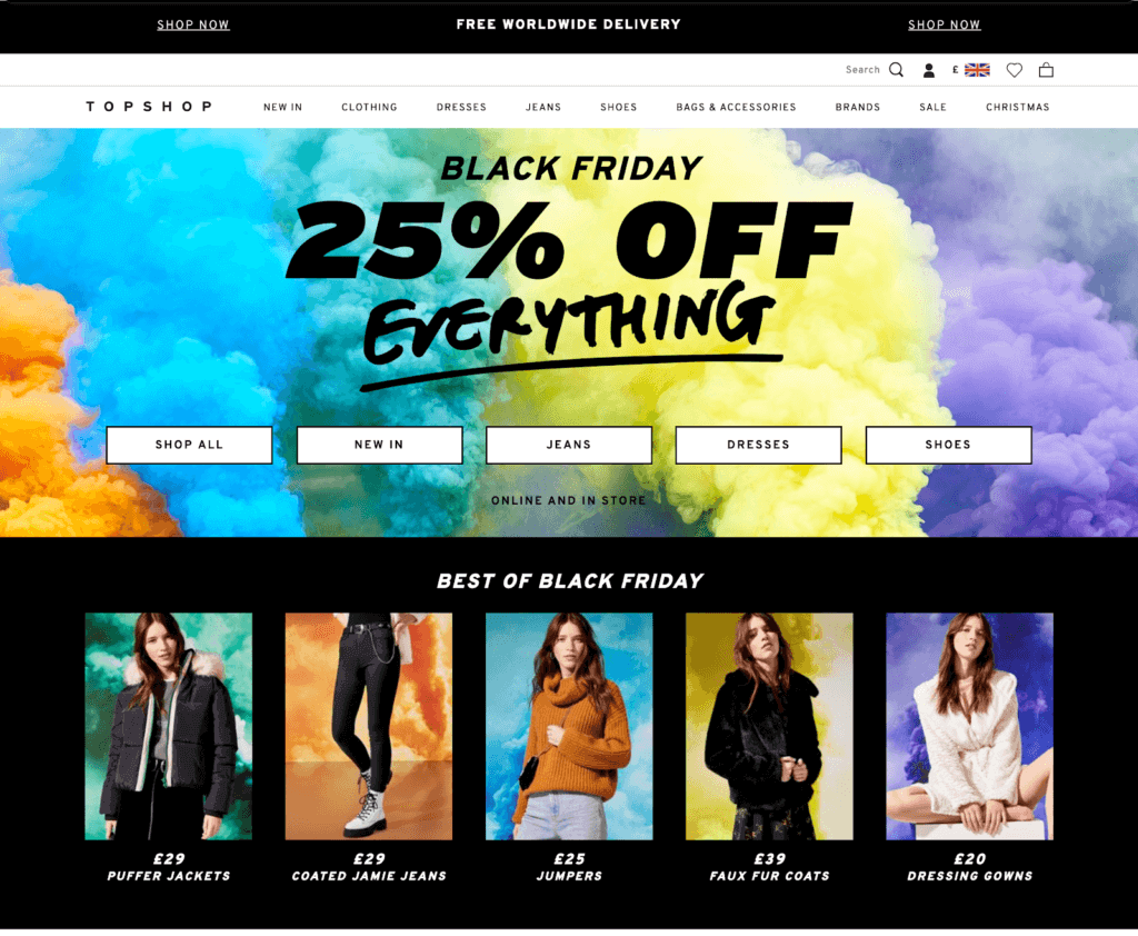 Holiday UX Tips: TopShop's eye-catching 2019 Black Friday homepage