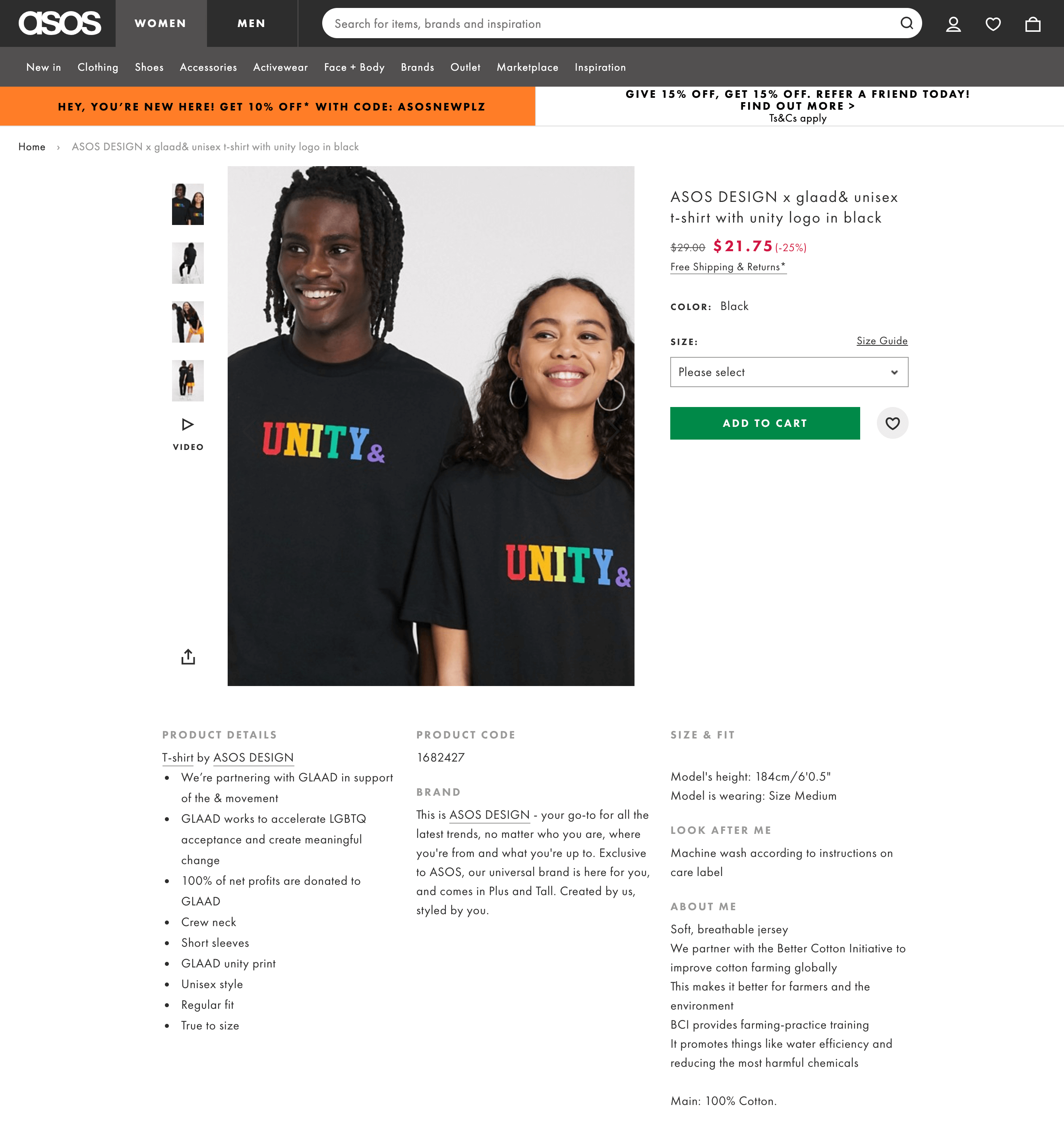 A gender neutral product on ASOS.com that only has one model's dimensions listed