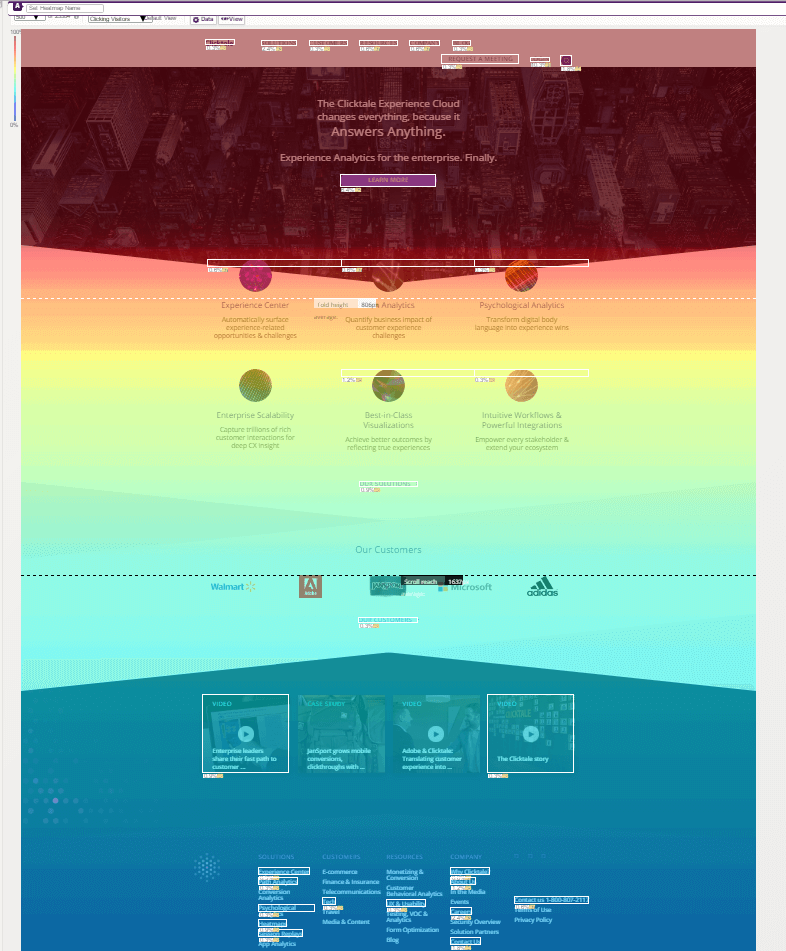 Screenshot showing heatmap of desktop webpage. The footer is blue, indicating that it has a low exposure rate for website visitors. (In comparison to mobile footers.)