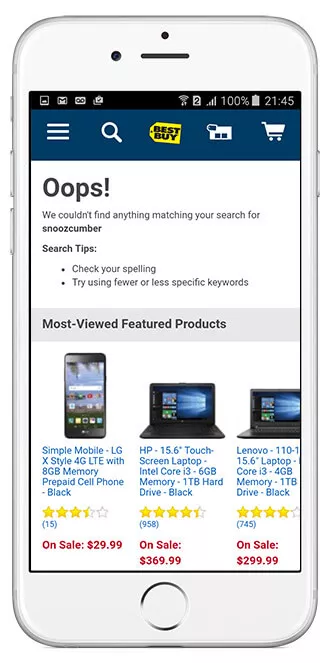 Best Buy's "0 results" page pushes searchers to their most-viewed featured products as a potential next step