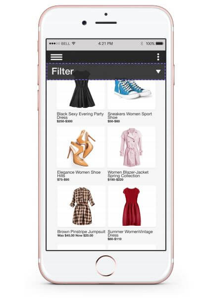 A sticky filter menu that follows mobile users as they scroll through products, so they can add or remove filter options at any time during their search
