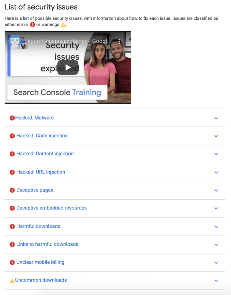 Google's list of security issues