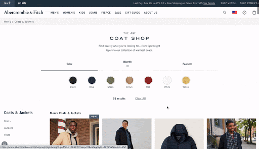 Abercrombie's coat-specific filters allow customers to filter by coat material, color, and warmth