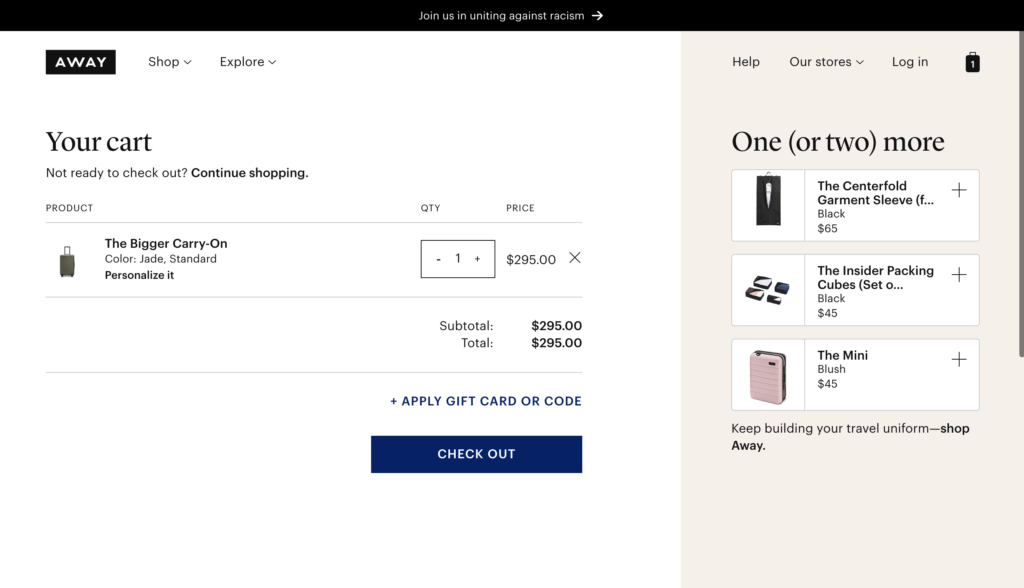 Away's upsell UX displays product add-ons on the right-hand side of a users cart, allowing them to easily add these additional items to their cart before continuing to checkout
