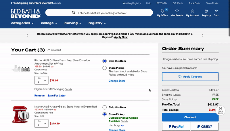 Bed Bath and Beyond's promo code UX allows customers to view available coupons, check eligibility, and apply them to their cart during checkout