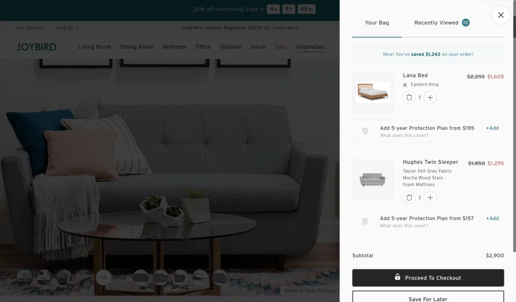 Joybird’s site upsell UX offers users optional add-ons for eligible products wIthin a cart preview module