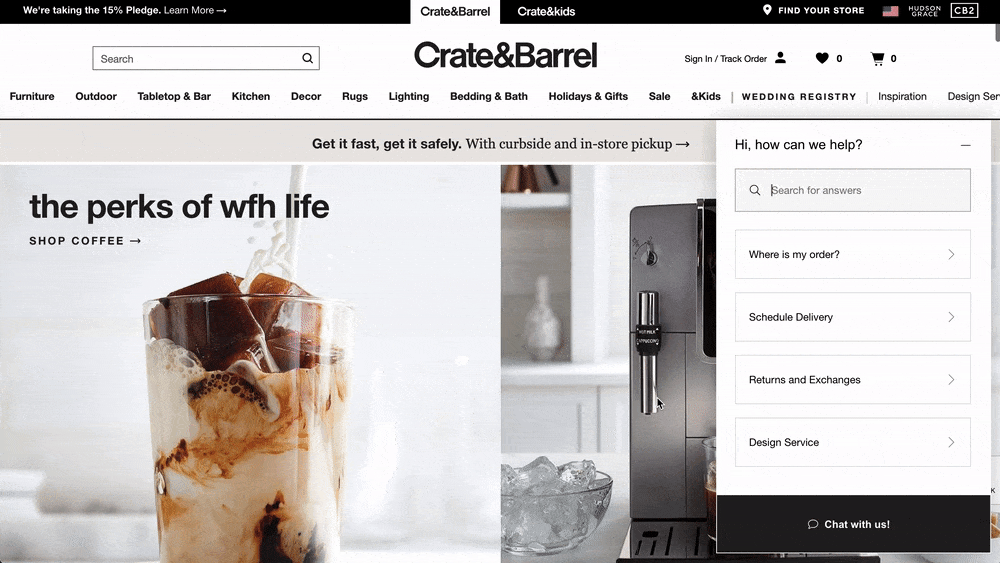 Crate & Barrel's initiated chat dialog on the desktop homepage
