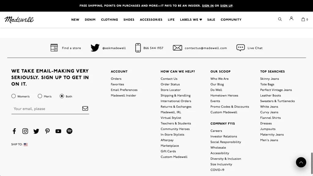 Showing the static link to live chat and other forms of support on Madewell's desktop footer