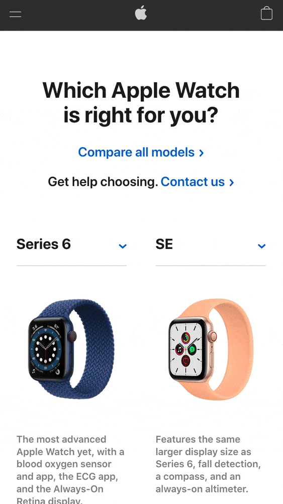 comparing products - GIF of apple's comparison tool on mobile