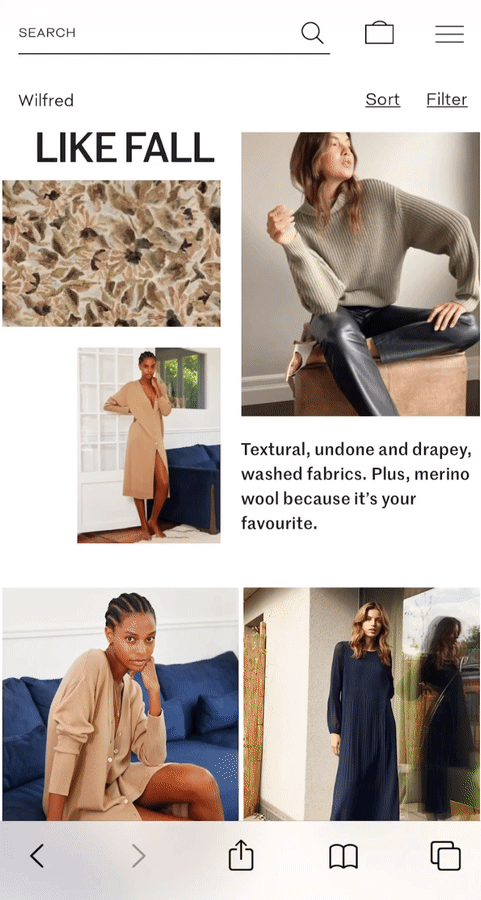 GIF of a shoppable image on Aritzia's mobile editorial style landing page