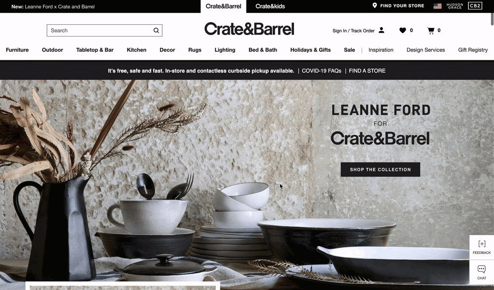 GIF of an editorial styled page on Crate and Barrel's desktop homepage