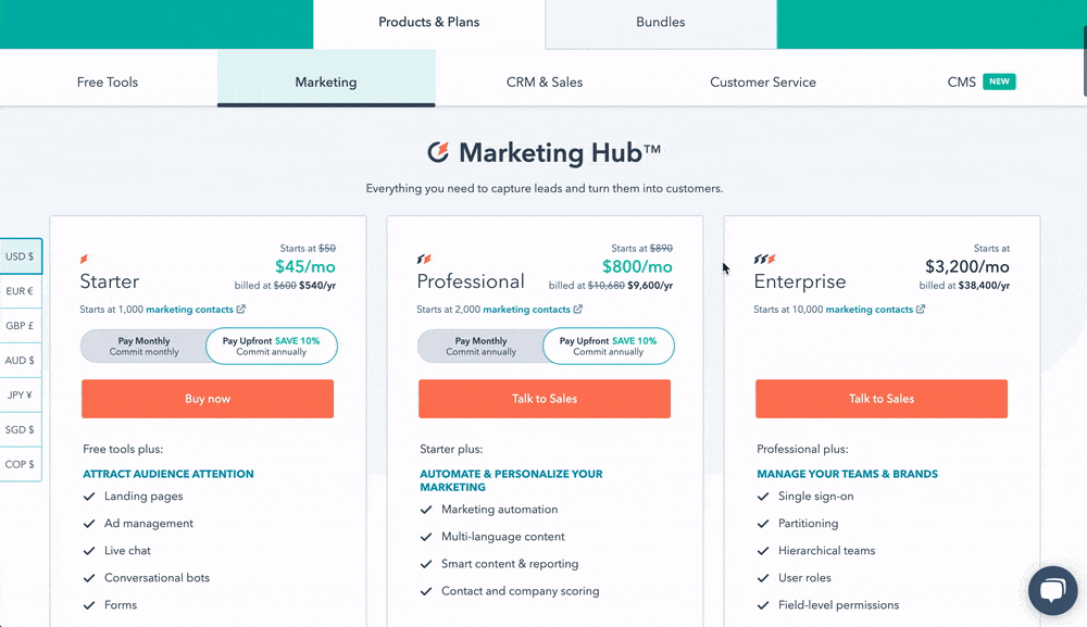 Hubspot's desktop view comparing products and prices