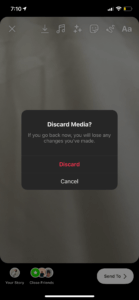 Modal that asks if the user wants to discard media with two options, "discard" or "cancel"