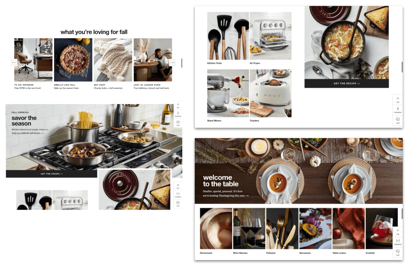 collection of screenshots of various sections of Crate and Barrel's editorial style homepage