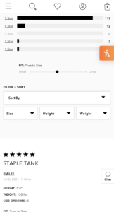 Four rectangular dropdowns for filter and sort are located at the bottom of the review summary