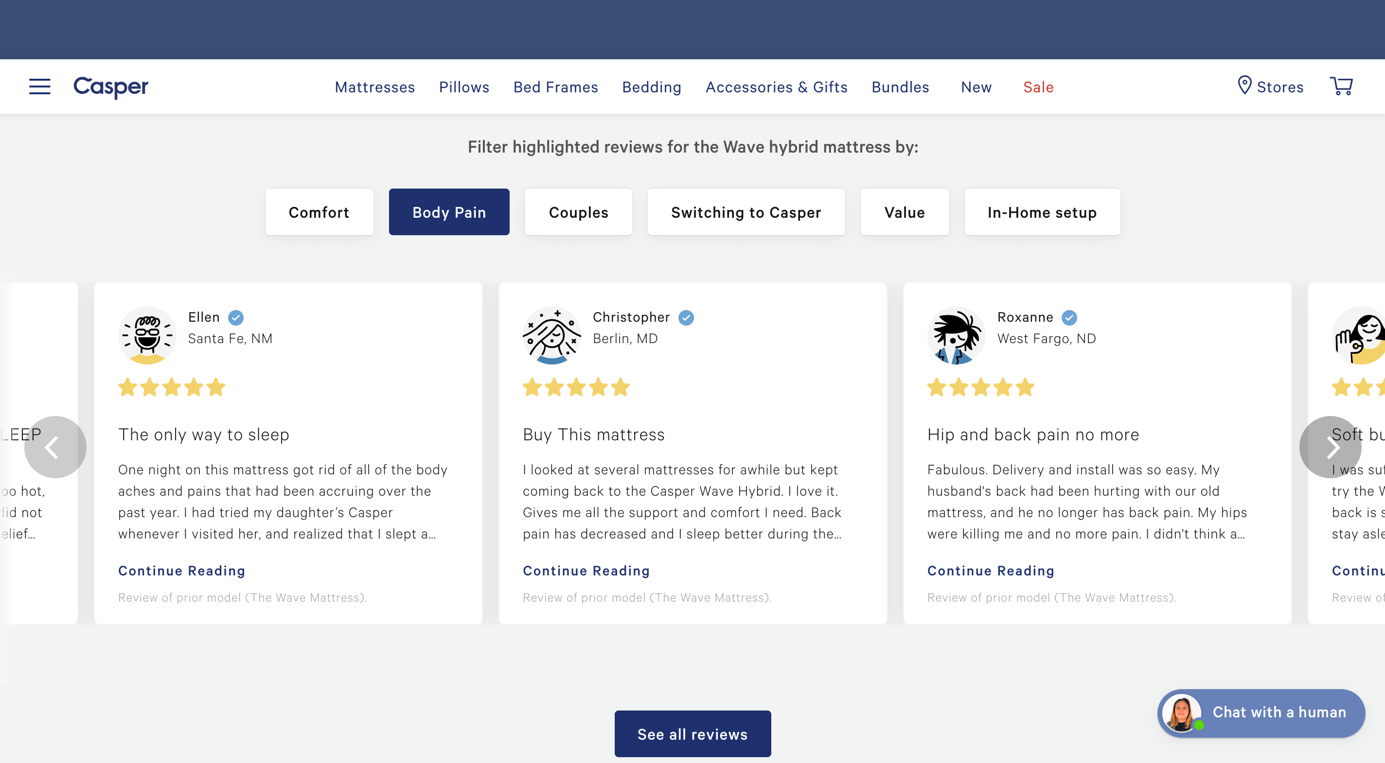 Key phrases in gray, rectangular cards above a horizontal carousel of review listings. 'Body Pain,' the second phrase from the left, is filled in blue