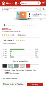 A white, tool tip-like dropdown that shows green, horizontal bars of each star rating, with a link called "Show all reviews" underneath them