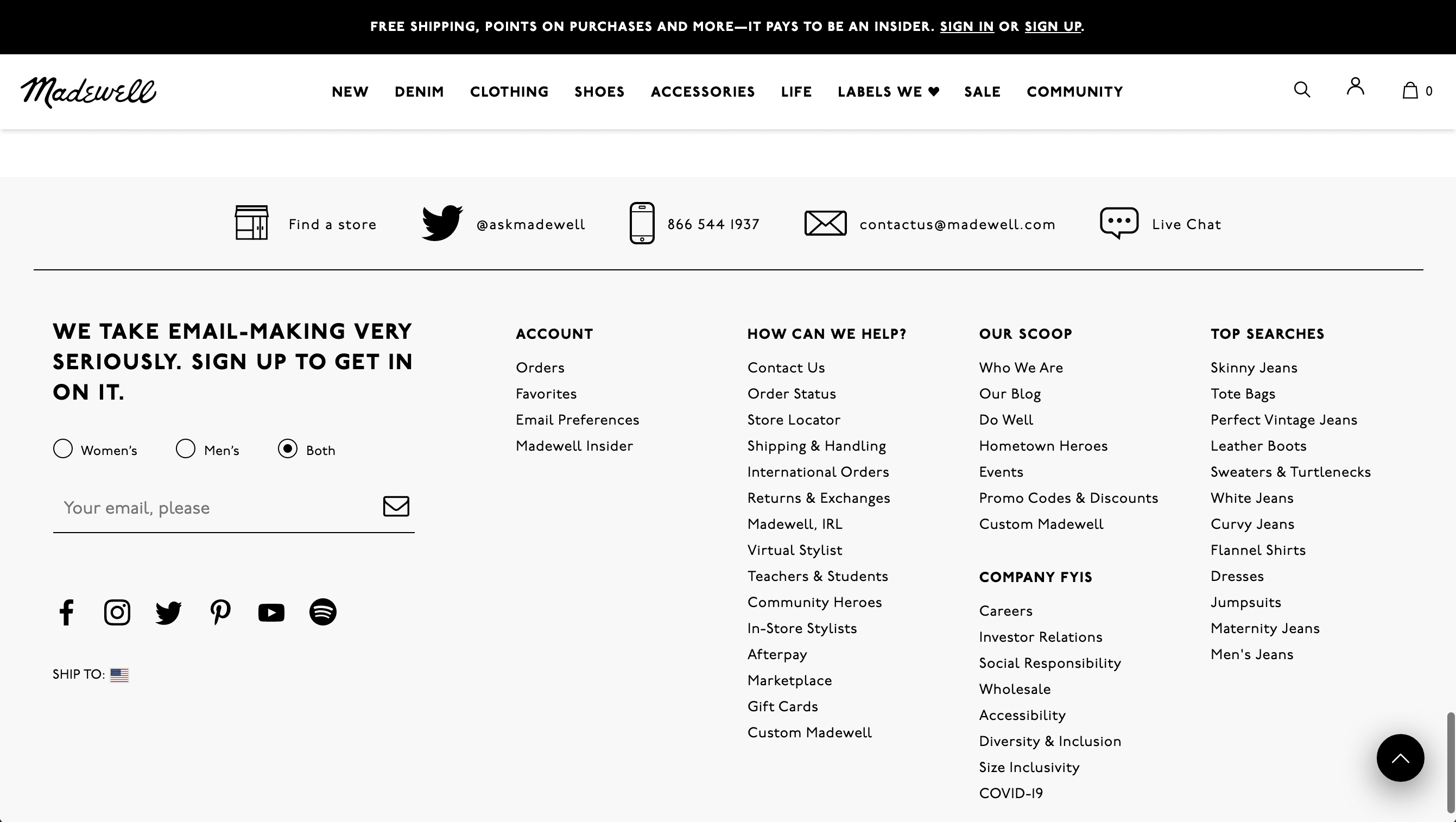 Screenshot of Madewell's footer