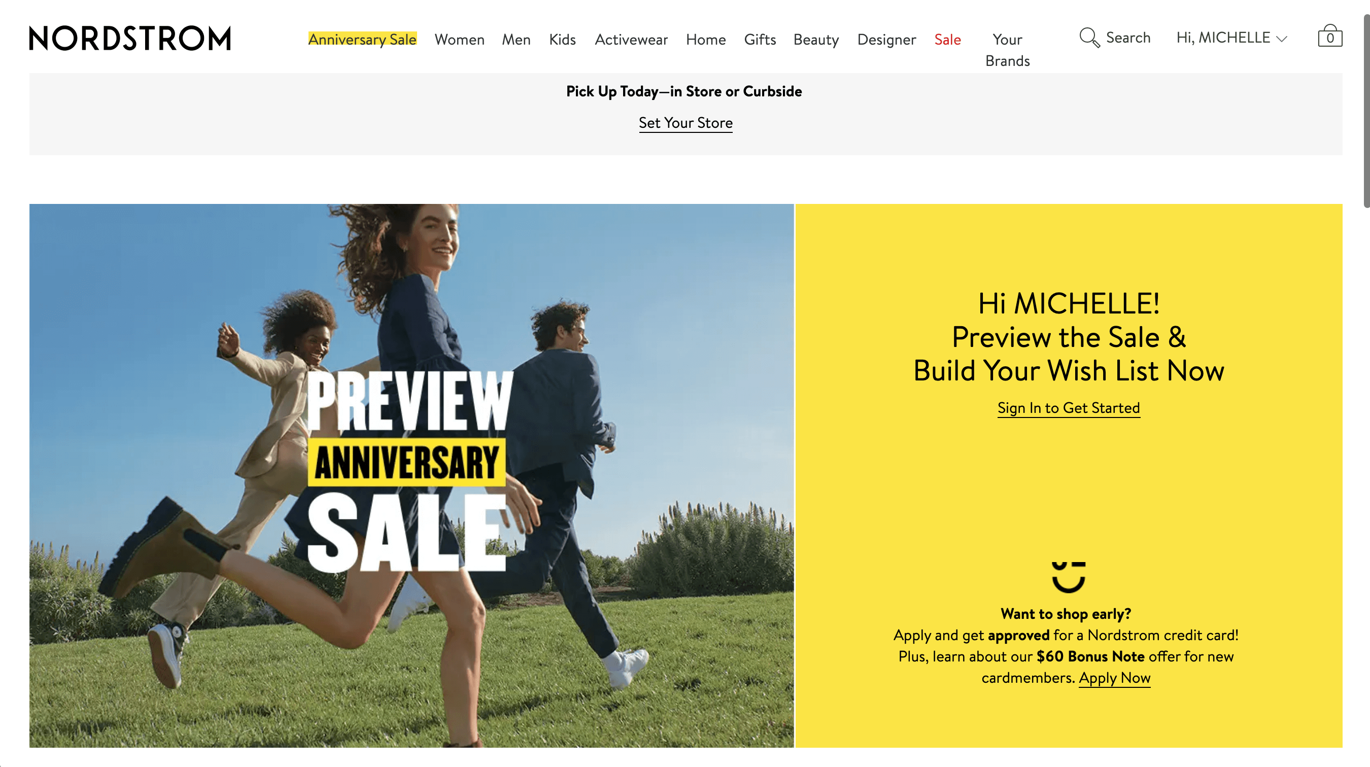 Screenshot of Nordstrom's homepage promoting early access to a sale for those that sign up