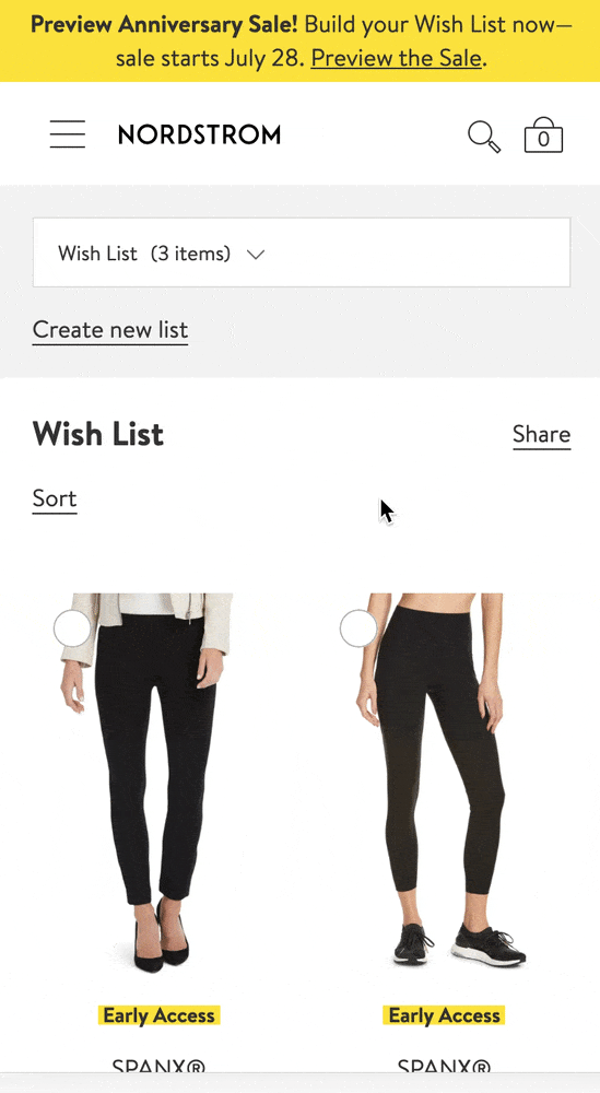 GIF of a user using Nordstrom's wishlist feature
