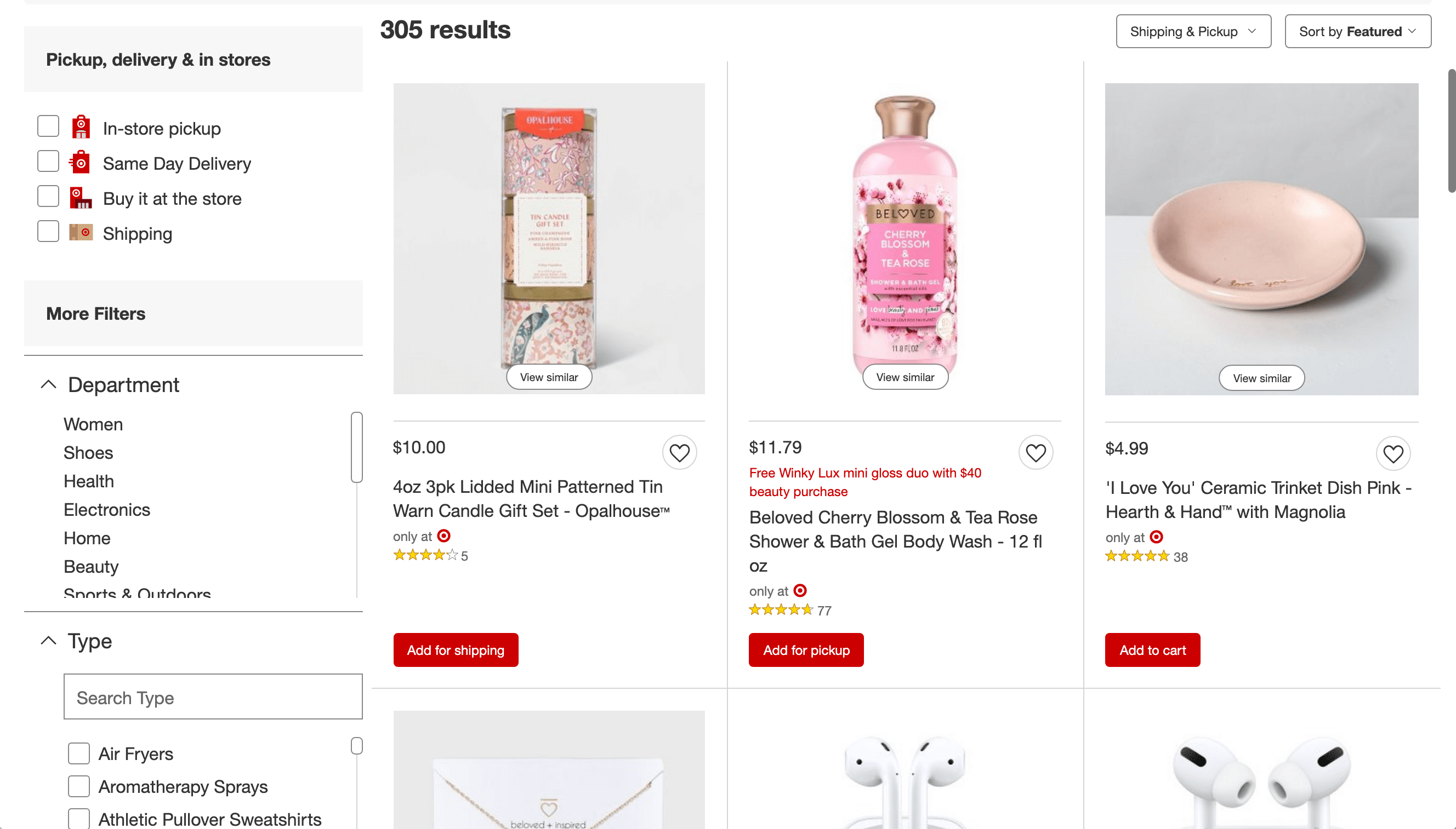 screenshot of Target's product listing page with different filters for fulfillment methods in the top left