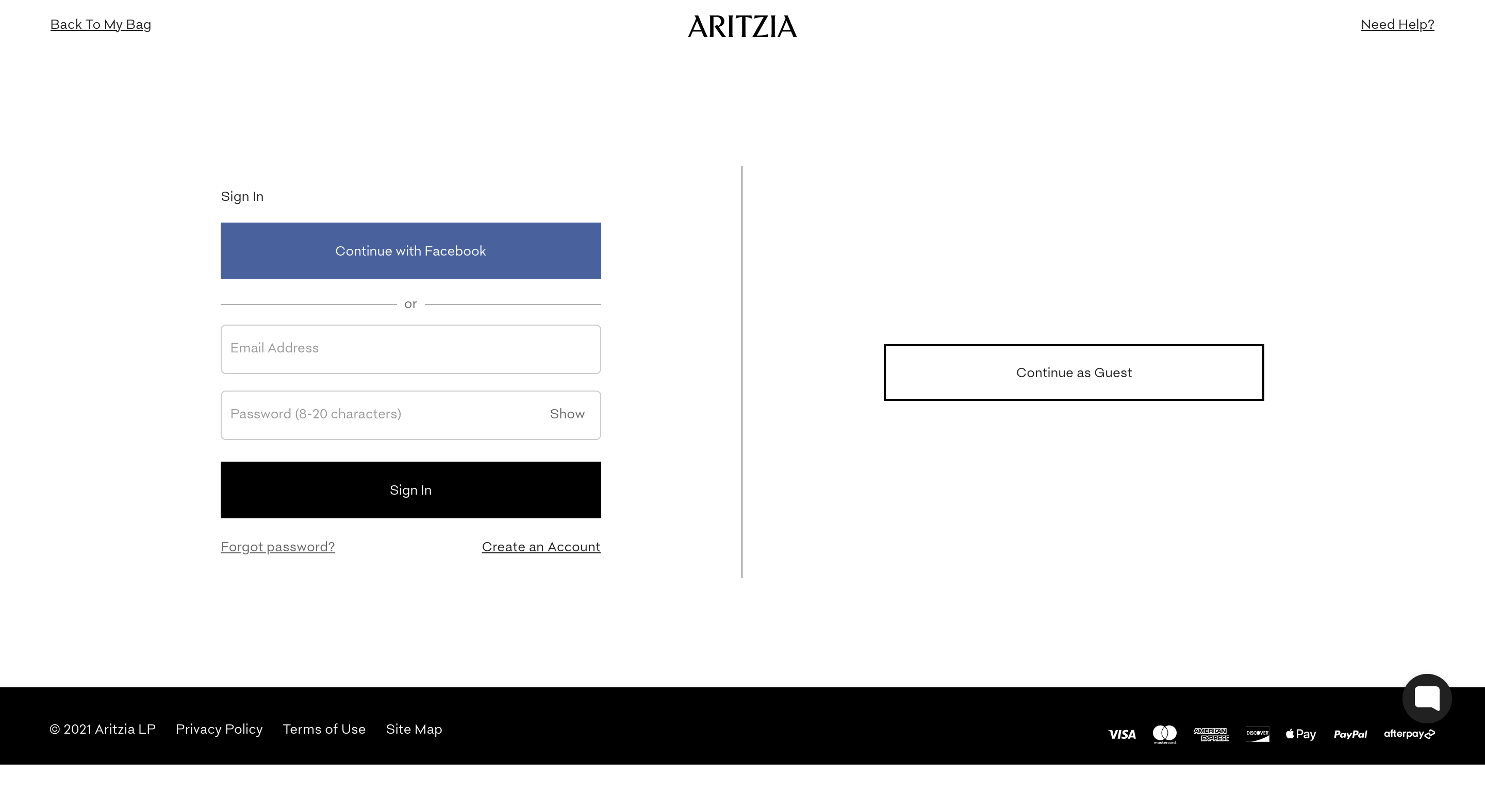 Screenshot of Aritzia's sign in page 