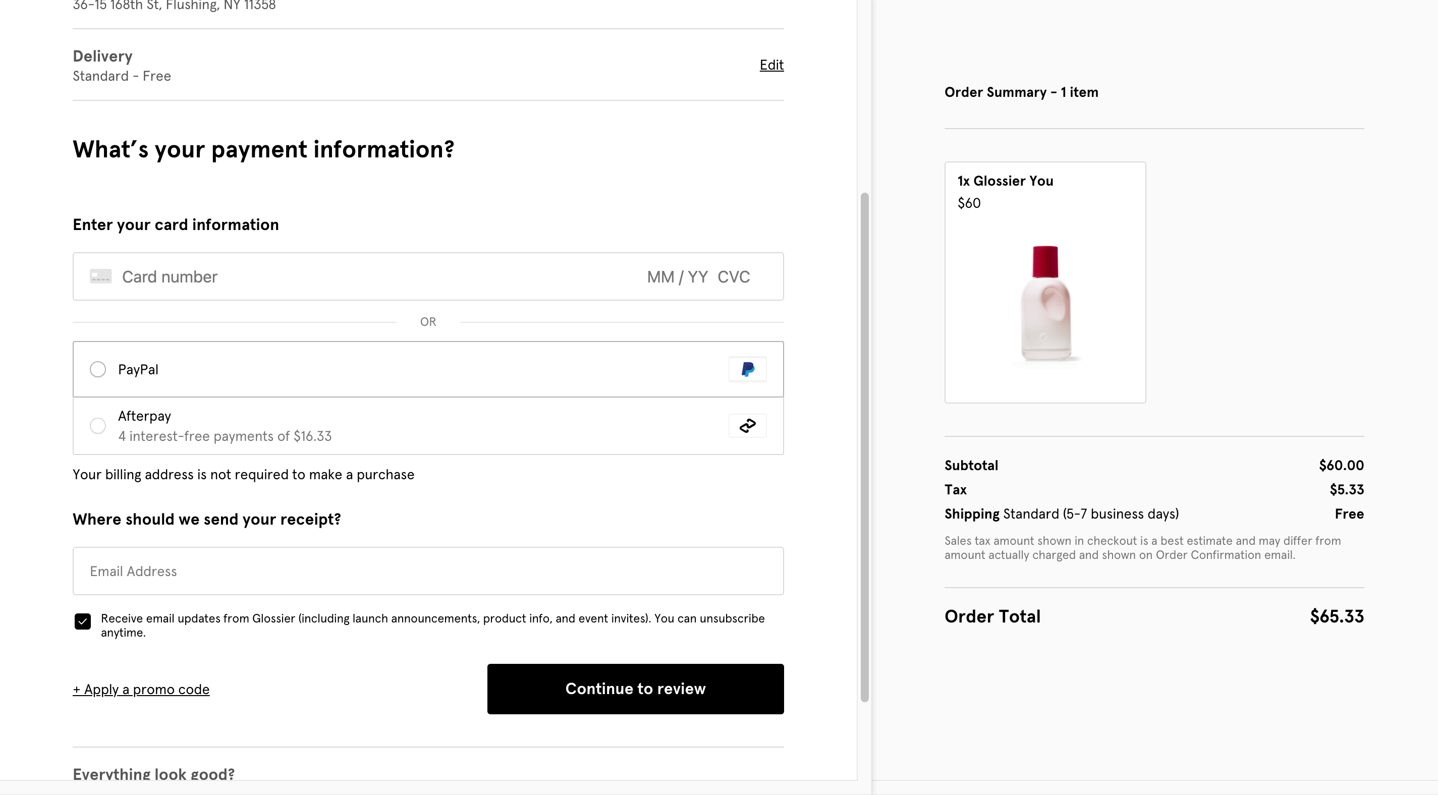 Screenshot of Glossier's Checkout Page