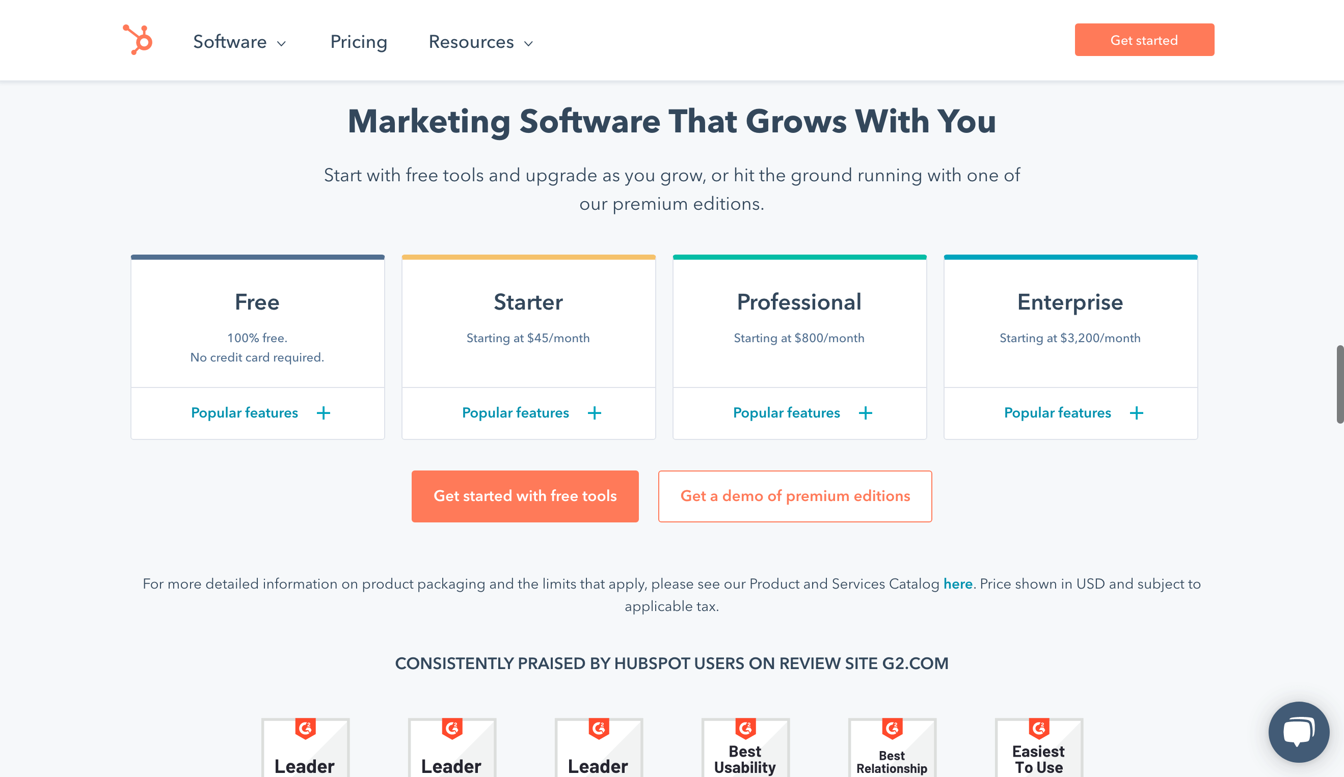 Hubspot's Marketing Software Products Page