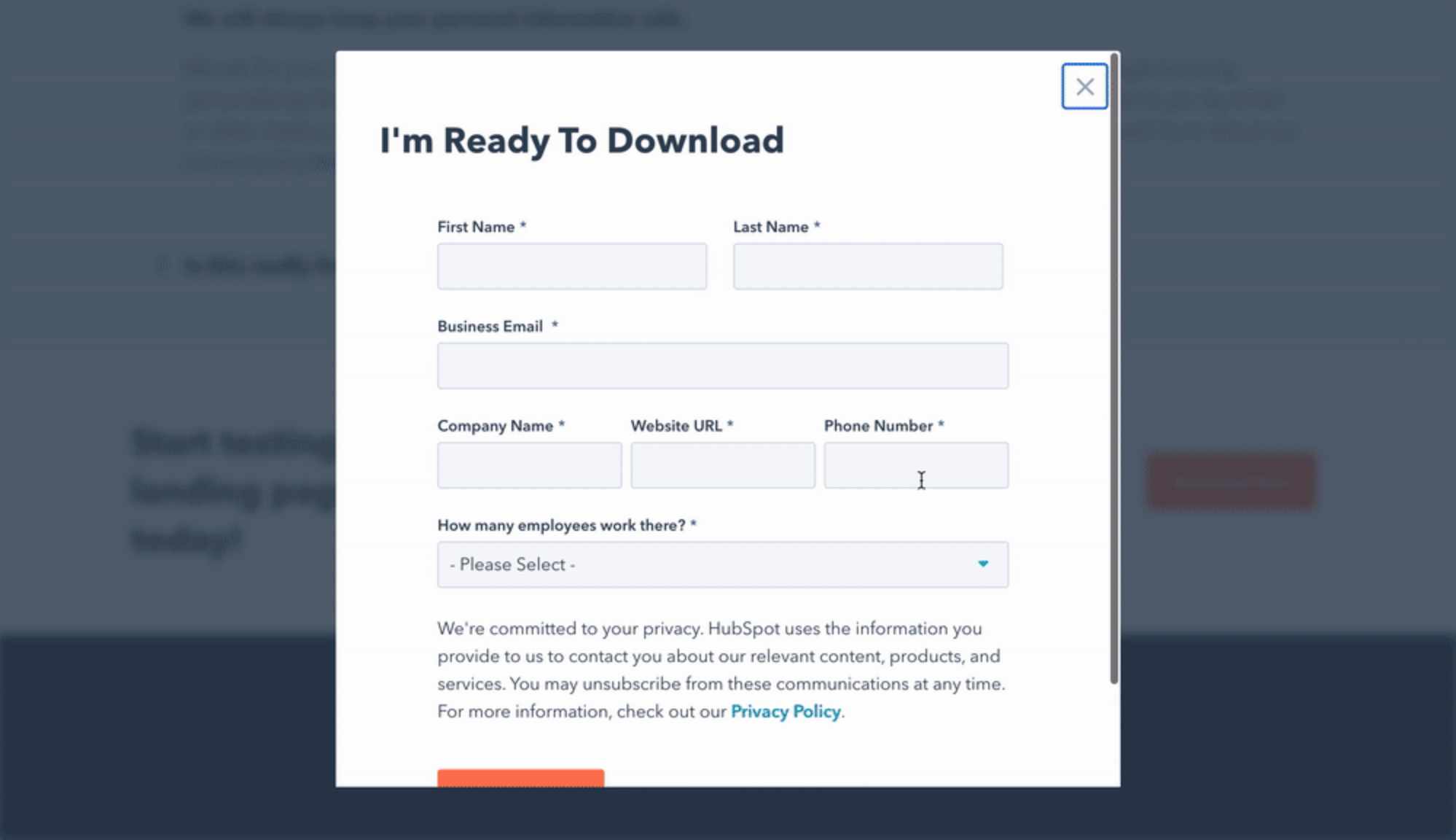 Hubspot's modal to download a repotrt