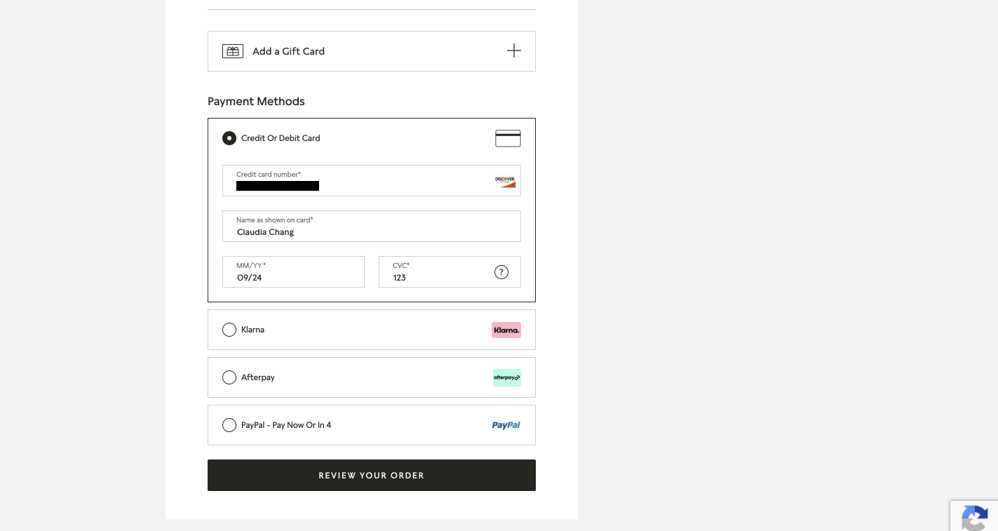 Screenshot of Pandora's payment step in their checkout page