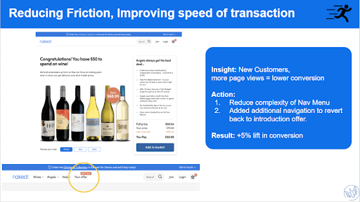 Presentation slide with Naked Wines website showing how they reduced customer friction 