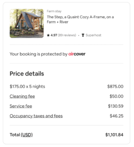 Airbnb example showing price details for a booking before asking for payment information.